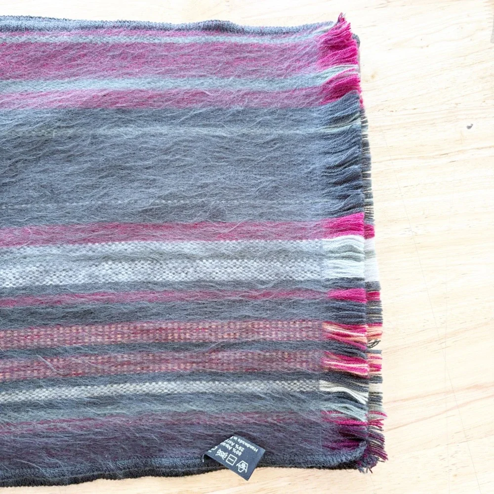 Shupaca Alpaca Scarf Handmade Ecuador Striped Gray Burgundy Red Fringed 78x11